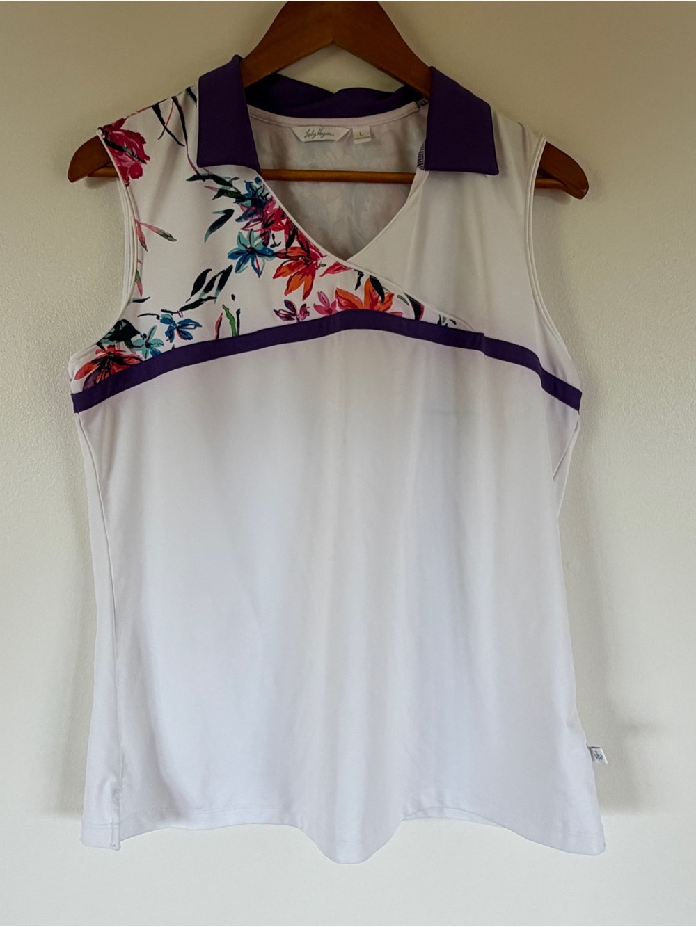 Lady Hagen sleeveless golf polo top floral white purple size L